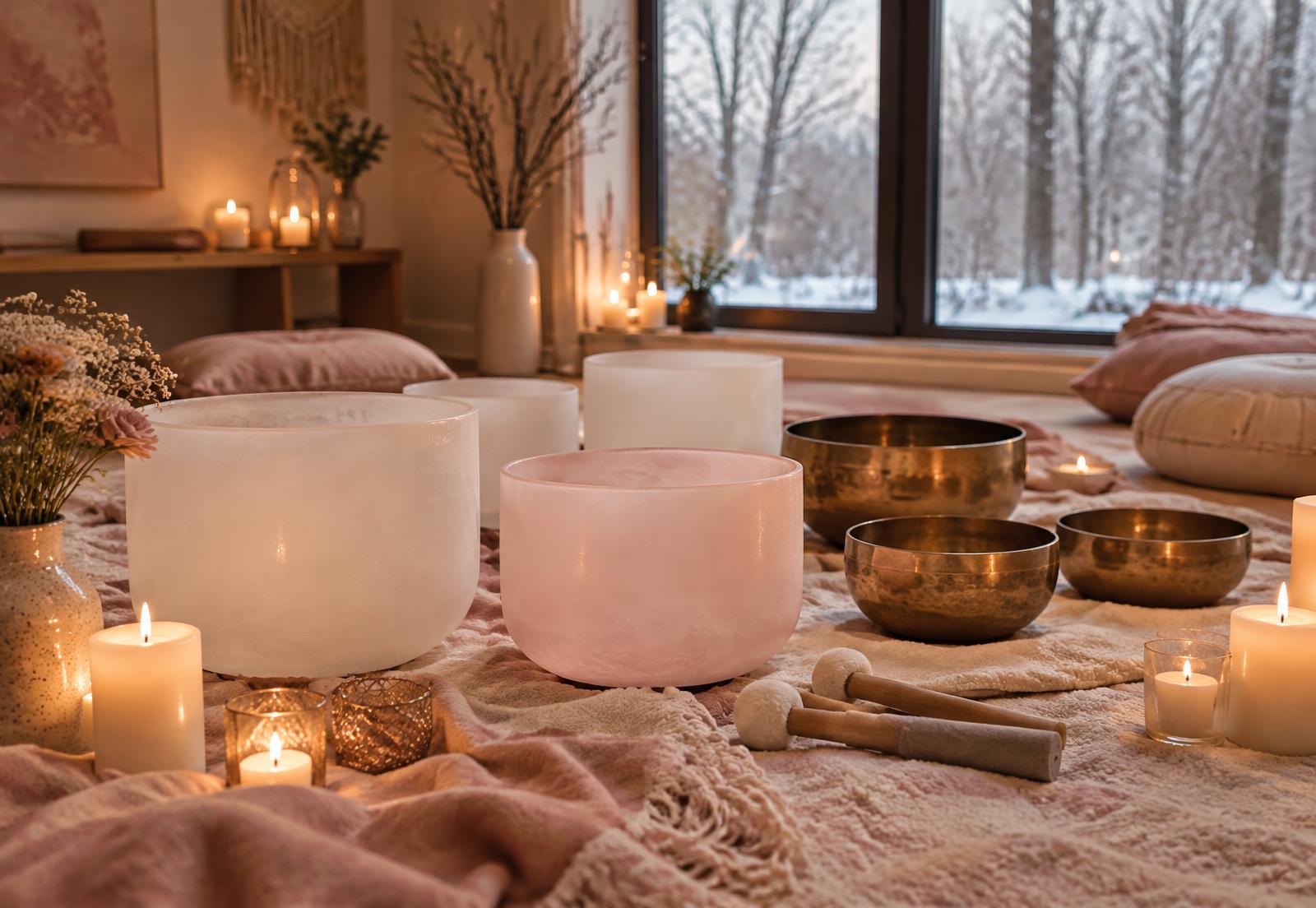 Sound bowls and candles ready for the closing sound bath