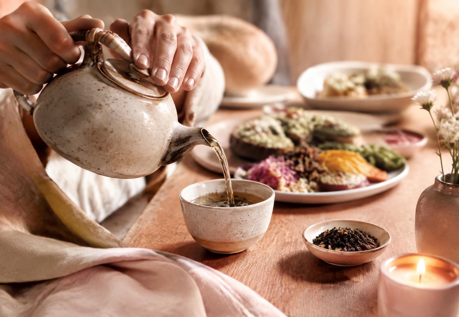 Herbal tea poured during the unhurried tea ceremony